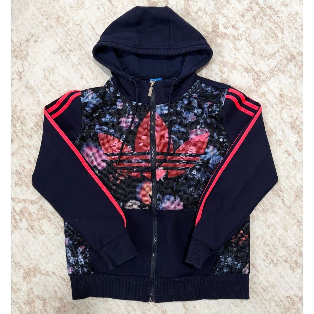 adidas Originals Floral Mesh Trefoil Full Zip Hoodie Navy Coral 3-Stripe Women's